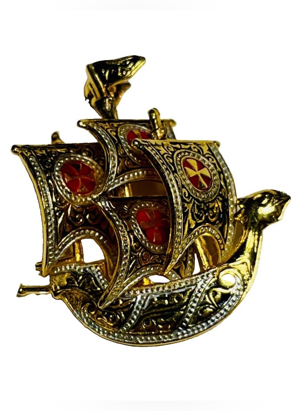 Vintage Spanish Damascene Style Brooch | Signed SPAIN | Gold Tone w/ Red Enamel
